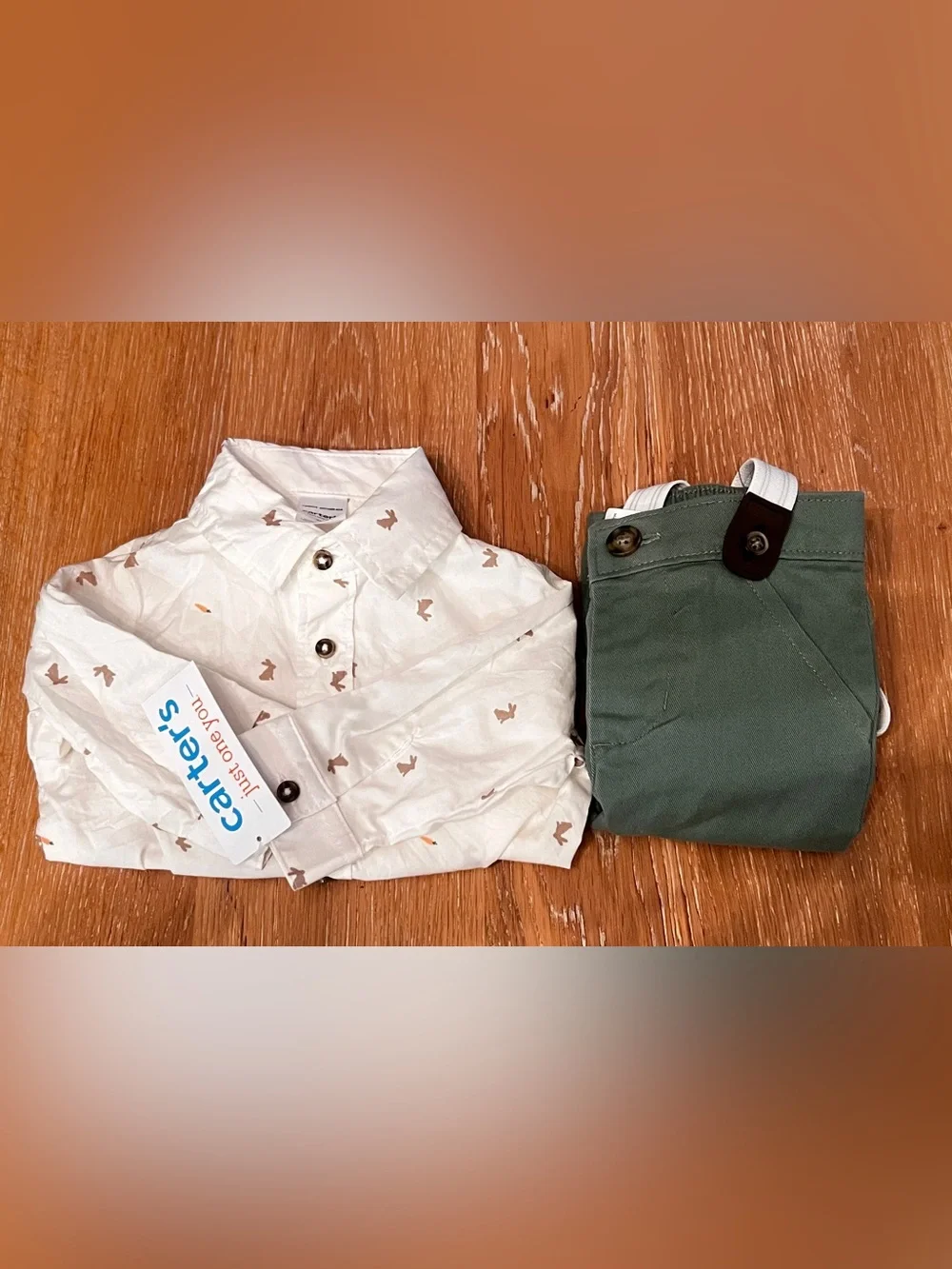 Carter's Olive Green Pants with White Suspenders and Cream Shirt